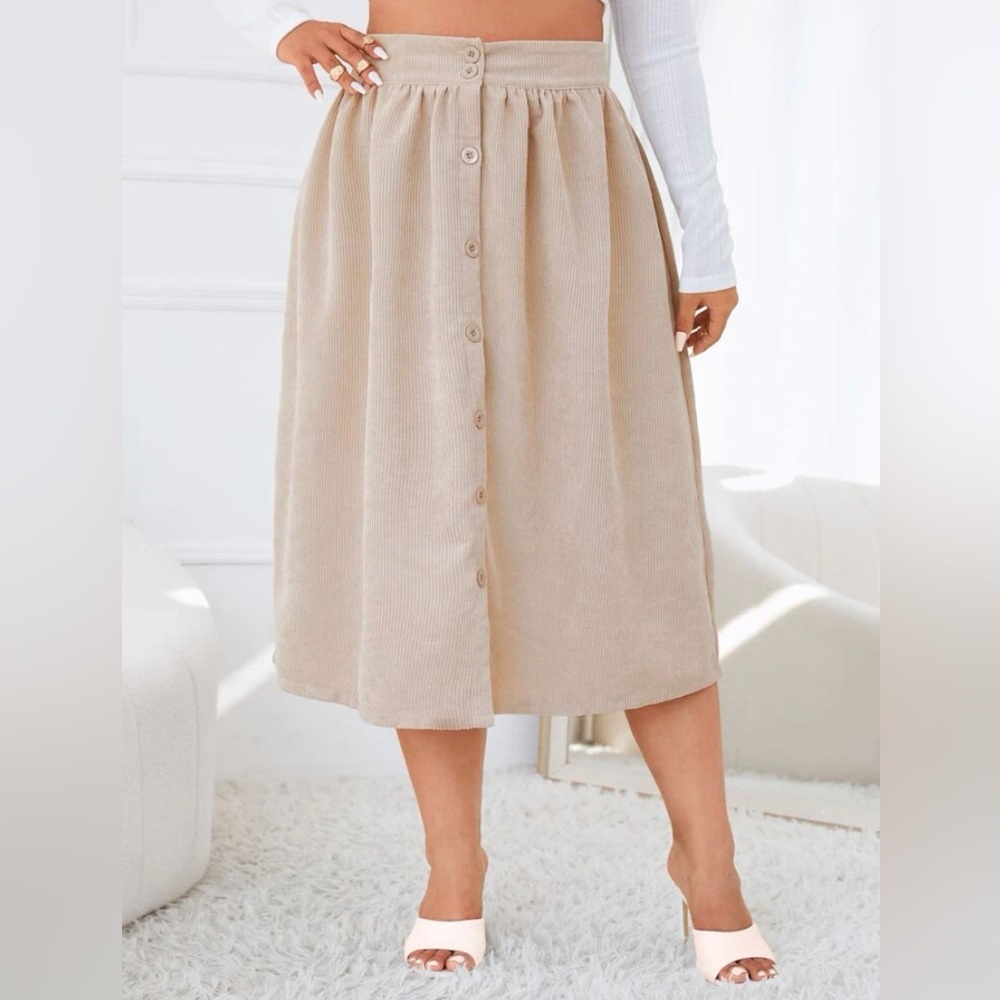 SHEIN Plus Size Corduroy Beige Skirt in Size 3X Button Down Long Skirt
